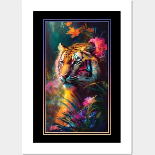 Tiger Vibrant Tropical Flower Tall Digital Oil Painting Portrait Posters and Art